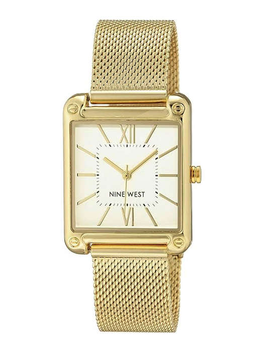 Nine West Womens Rectangular Faced Mesh Bracelet Watch Gold