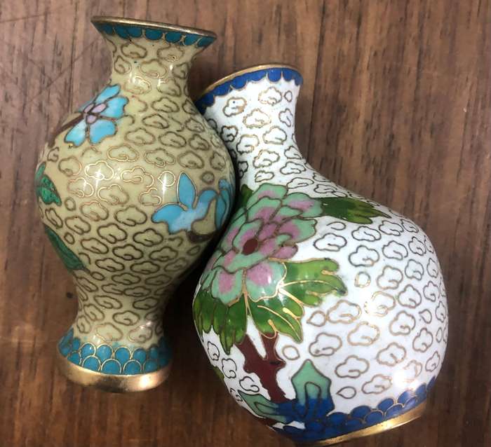 2 x Small Enameled Brass Vases