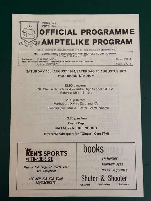 Rugby Programme - Natal vs Verre Noord (Currie Cup) 10/08/1974