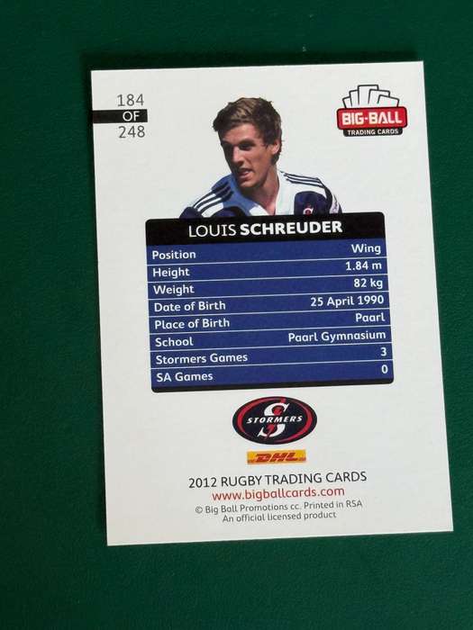 Rugby Card - *SIGNED* Louis Schreuder 2012 Big Ball Rugby Card
