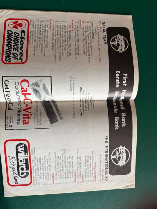 Rugby Programme - *Tour* Natal vs FNB International XV 19/08/1989