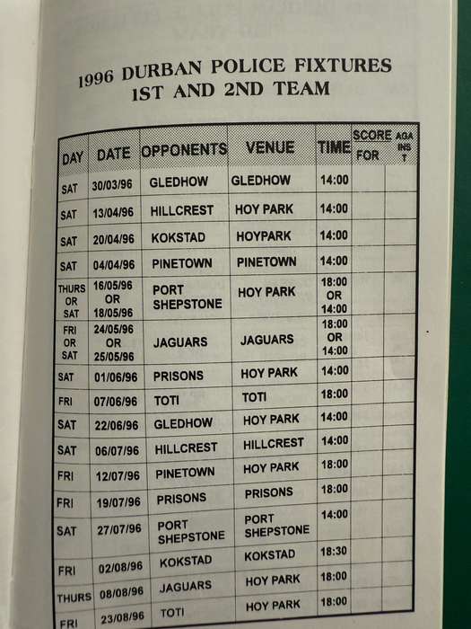 Rugby Itinerary - Durban Police Rugby Club 1996