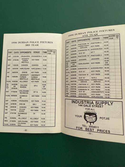 Rugby Itinerary - Durban Police Rugby Club 1996