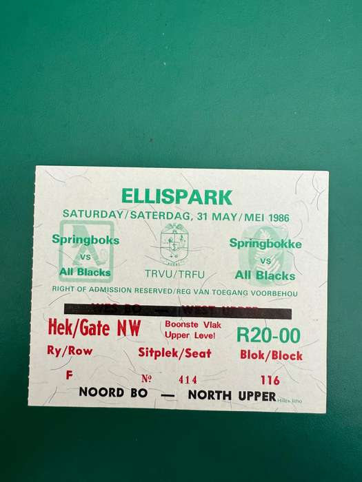 Rugby Ticket - South-Africa vs New-Zealand (All Blacks) 31/05/1986