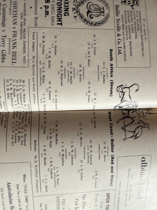 Rugby Programme - *Rare* South-Africa vs West Coast-Buller 27/07/1965