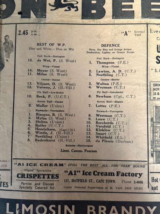 Rugby Programme - WP Junior vs Defence Juniors/Rest of WP vs Defence/Coastal vs Inland 14/08/1943