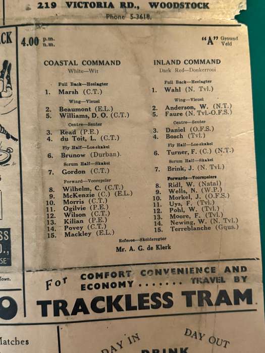 Rugby Programme - WP Junior vs Defence Juniors/Rest of WP vs Defence/Coastal vs Inland 14/08/1943