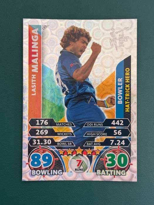 Cricket Card - Lasith Malinga (Hat trick hero) Silver Foil 2015 Cricket World Cup Cricket Attax