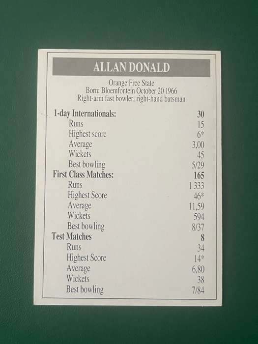Cricket Card - Allan Donald 1993 Topsport Cricket Card