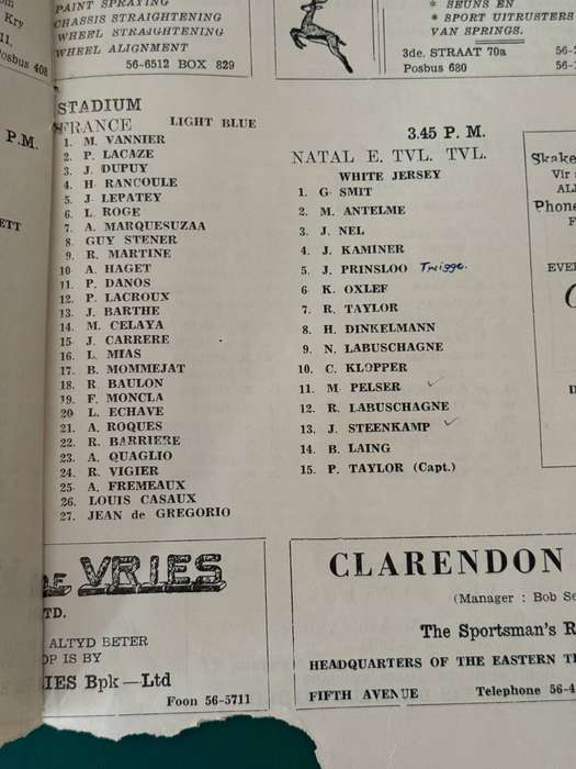 Rugby Programme - *TOUR* France vs Eastern-Transvaal/Natal/Transvaal 19/07/1958