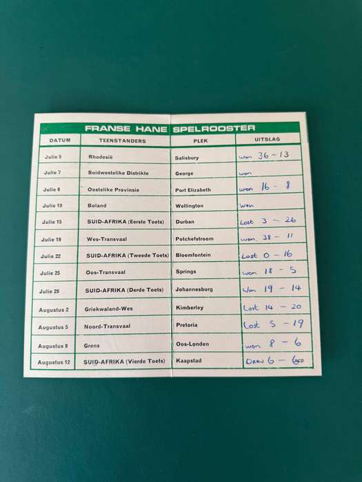 Rugby Itinerary - 1967 French rugby tour of South-Africa issued by Sondagstem