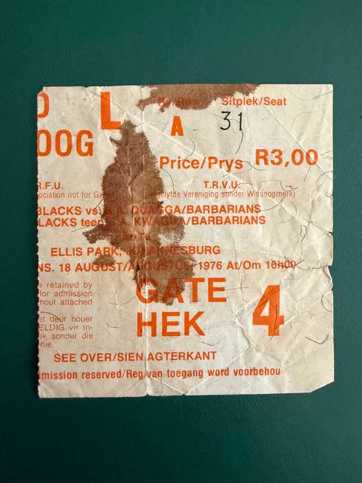Rugby Ticket - Quagga Barbarians vs New Zealand All Blacks 18/08/1976