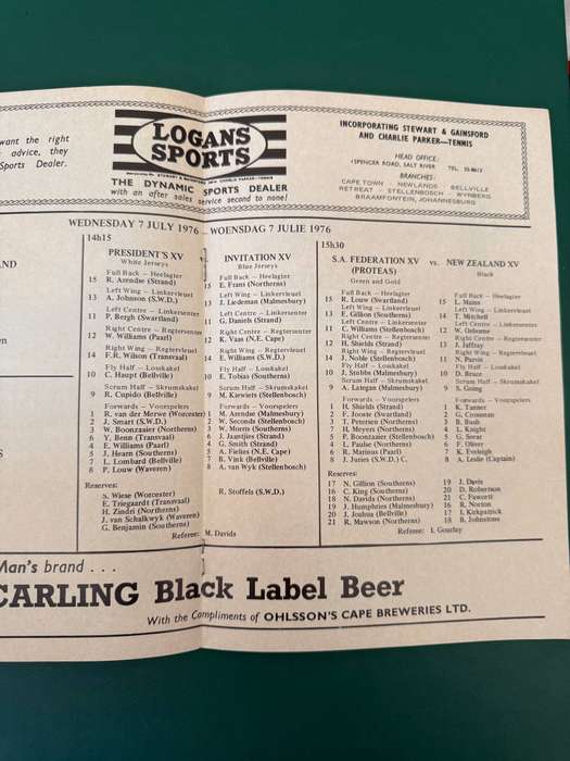 Rugby Programme - *TOUR*  SA Federation XV (Proteas) vs New Zealand All Blacks 07/07/1976 *RARE*