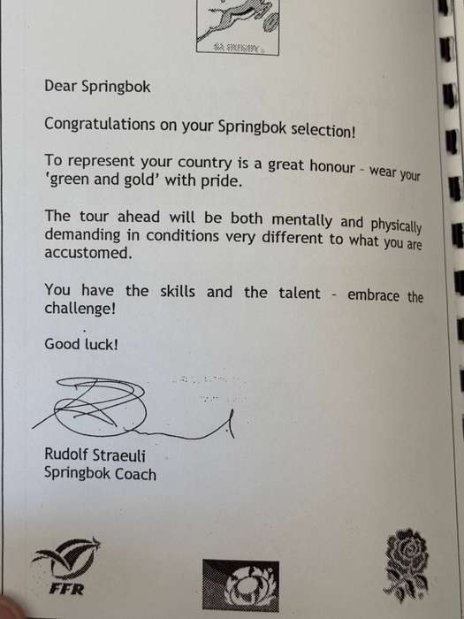 Rugby Itinerary - Springbok Tour of France/Scotland and England 2002 issued to Breyton Paulse.