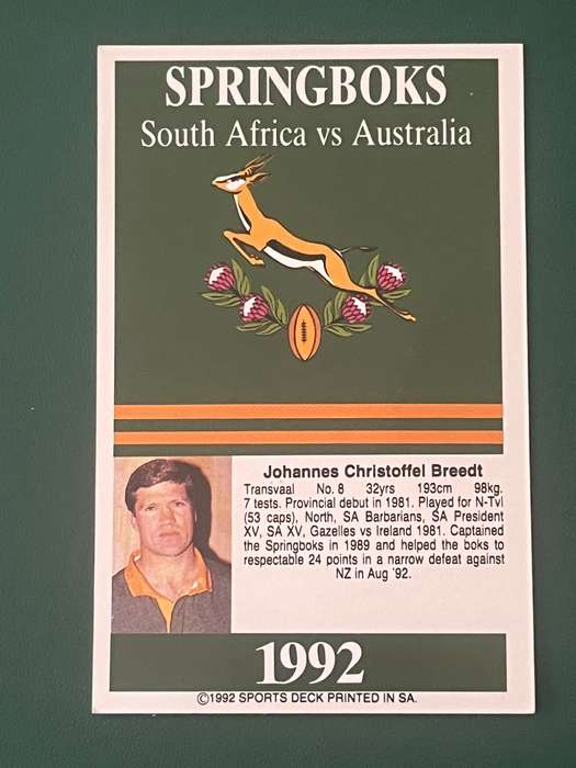 Rugby Card - Jannie Breedt 1992 Sports Deck Rugby Card