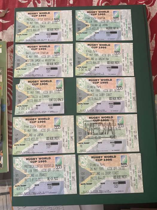 Rugby Tickets - Set of 10 Rugby World Cup 1995 Tickets