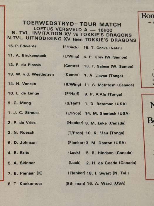 Rugby Programme - Northern-Transvaal XV vs Tokkies Dragons 11/08/1982