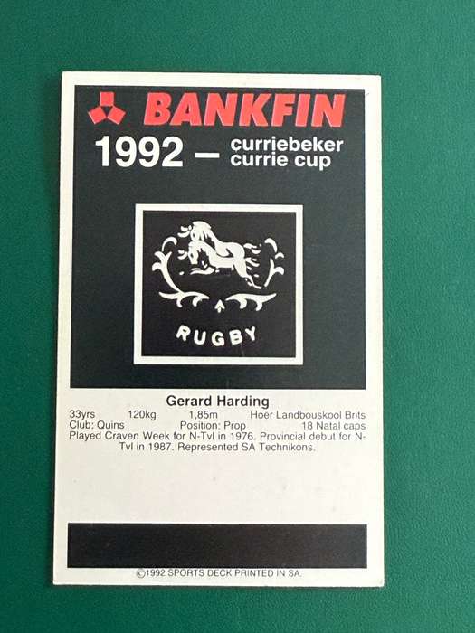 Rugby Card - Gerard Harding 1992 Sports Deck Rugby Card