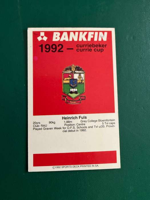 Rugby Card - Heinrich Fuls 1992 Sports Deck Rugby Card