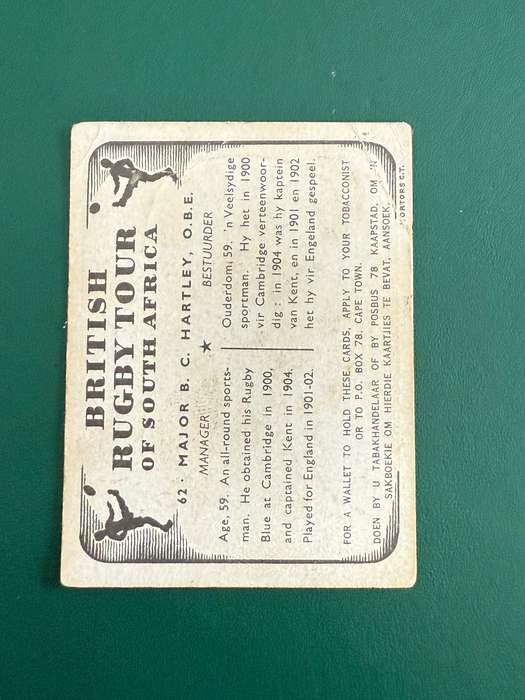 Rugby Card - Major BC Hartley United Tobacco 1938 Rugby Card