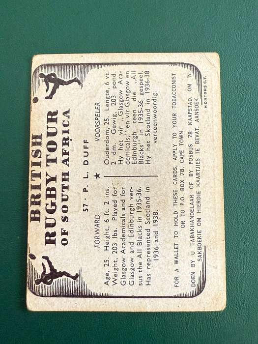 Rugby Card - PL Duff United Tobacco 1938 Rugby Card