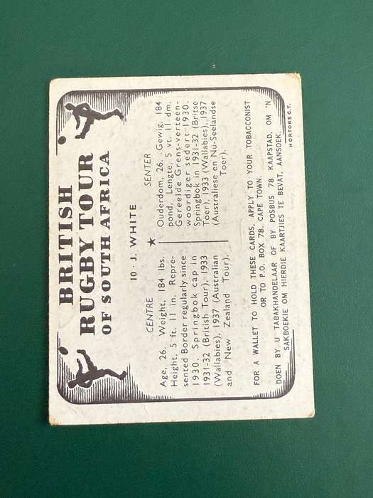 Rugby Card - J White United Tobacco 1938 Rugby Card