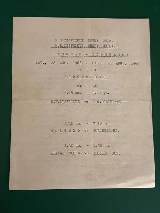 Rugby Programme - South Western Districts vs North Eastern Districts 28/08/1965