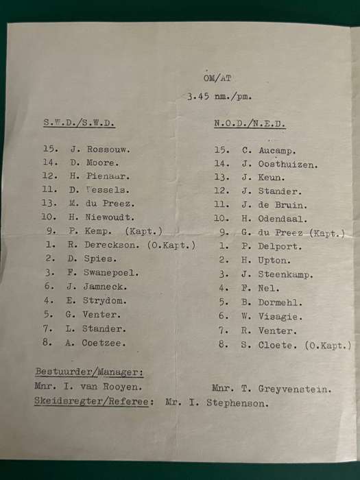 Rugby Programme - South Western Districts vs North Eastern Districts 28/08/1965