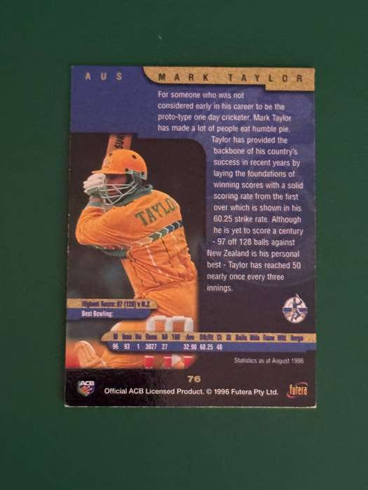 Cricket Card - *SIGNED* Mark Taylor 1996 Futera Cricket Card