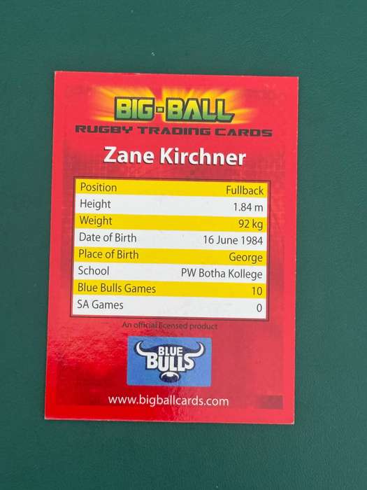 Rugby Card - *SIGNED* Zane Kirchner 2009 Big Ball Rugby Card Rugby Card