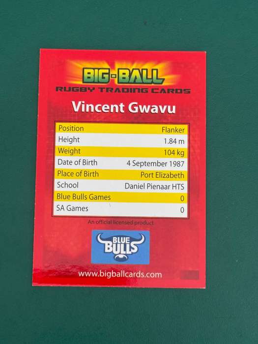 Rugby Card - *SIGNED* Vincent Gwavu 2009 Big Ball Rugby Card Rugby Card