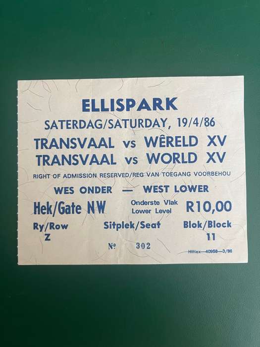 Rugby Ticket - Transvaal vs World XV 19/04/1986