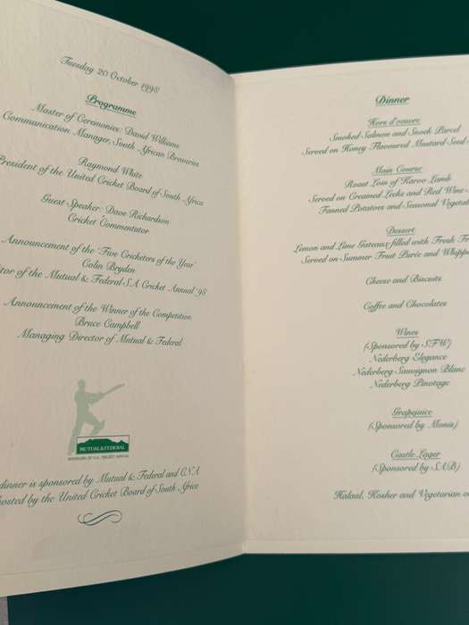 Cricket Menu - 20/10/1998 *SIGNED by 13 at Mutual and Federal SA Cricket Annual Function