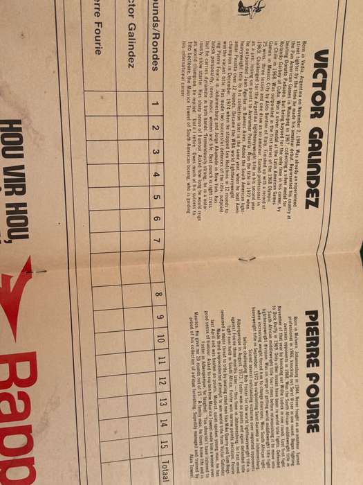 Boxing Programme - Pierre Fourie vs Victor Galindez (Argentina) 13/09/1975