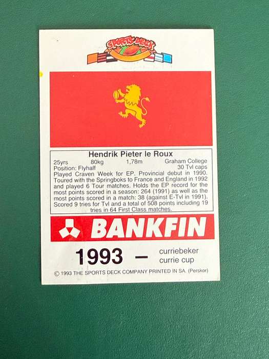 Rugby Card - Hennie le Roux 1993 Sports Deck Rugby Card