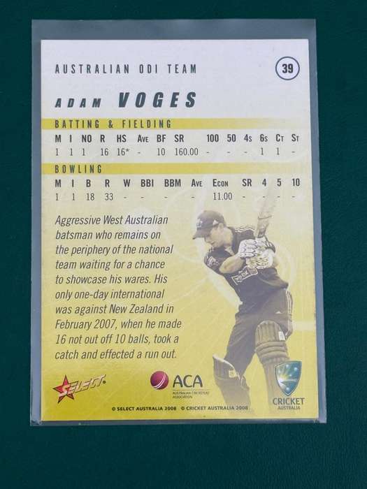Cricket Card - *SIGNED* Adam Voges 2008 Select Cricket Card (Nr39)