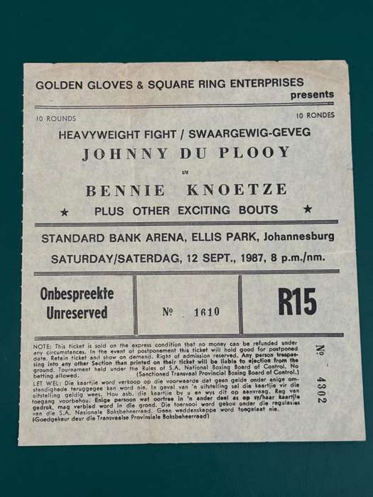 Boxing Ticket - Johnny du Plooy vs Bennie Knoetze 12/09/1987