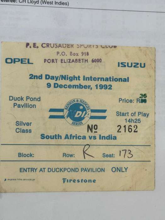 Cricket Ticket -  South-Africa vs India 9/12/1992 (St Georges Park)