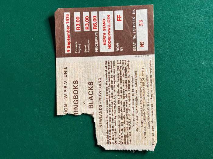 Rugby Ticket - South-Africa vs New Zealand All Blacks 04/09/1976