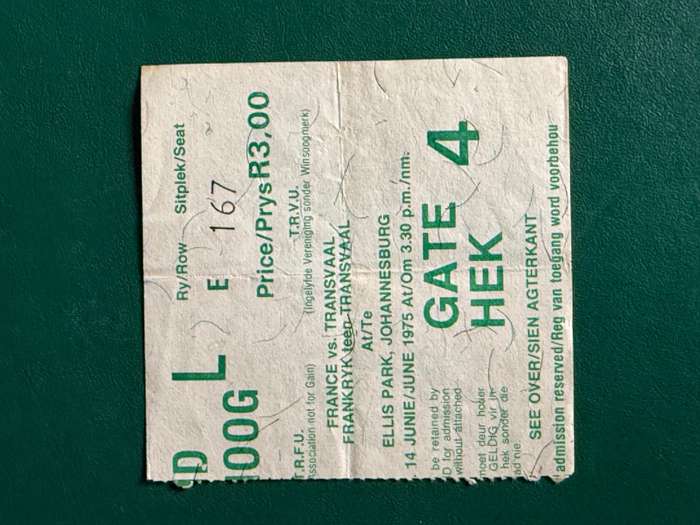 Rugby Ticket - Transvaal vs France 14/06/1975