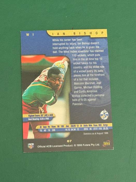 Cricket Card - Ian Bishop (nr67) 1996 Futera Cricket Card