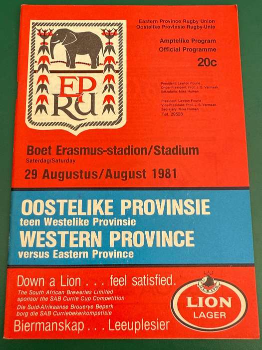 Rugby Programme - Eastern-Province vs Western-Province 29/08/1981