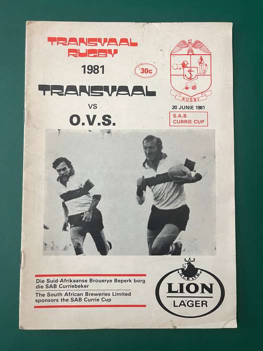 Rugby Programme - Transvaal vs Free State 20/06/1981