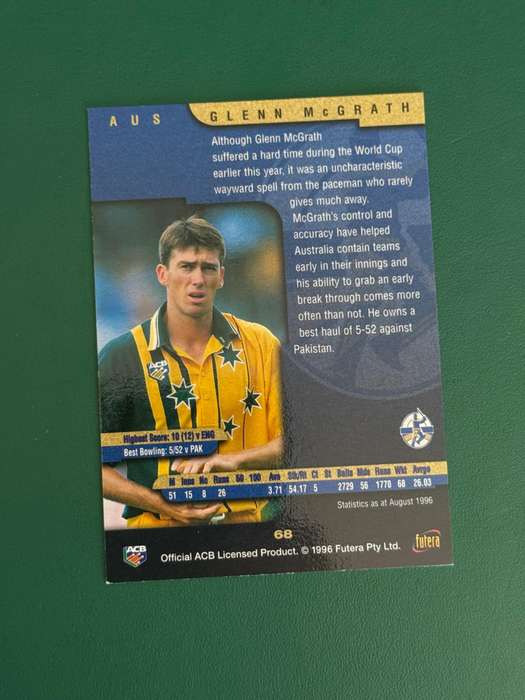 Cricket Card - *SIGNED* Glenn McGrath (Nr68) 1996 Futera Cricket Card