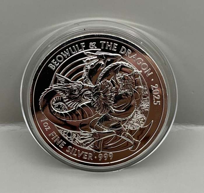 (  LATEST 2025  )  1oz  SILVER BEOWULF & THE DRAGON   KING CHARLES 111