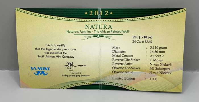 (  24ct GOLD RARE DATE  )   2012  NATURES FAMILIES SERIES  "   THE AFRICAN PAINTED WOLF  "  1/10oz