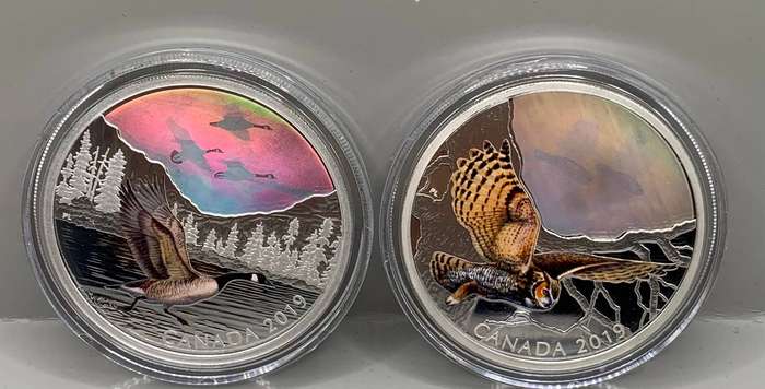 ( 2019  MAJESTIC BIRDS IN MOTION  )    3 X 2oz     HOLOGRAM , COLORIZED , ENGRAVED PROOF  SILVER SET