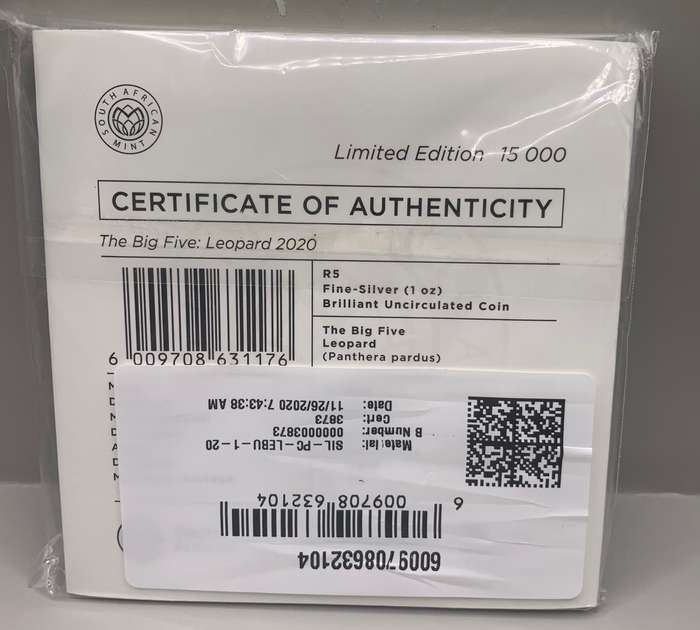 (  BRILLIANT UNC.  )   2021 BIG 5    LEOPARD  ONE OUNCE FINE SILVER    CERTIFIED
