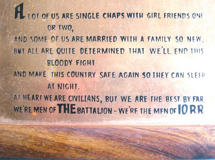 RHODESIAN BUSH WAR POEM OF THE 10TH BATTALION OF THE RHODESIA REGIMENT PRINTED ON COPPER 29 X 15 CM