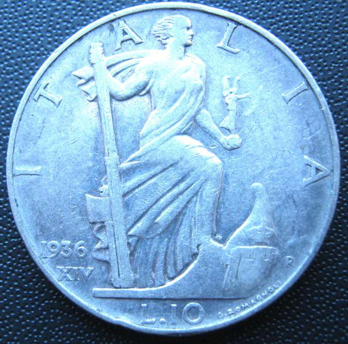 1936 ITALY 80 % SILVER 10 LIRE COIN IN VERY GOOD CONDITION